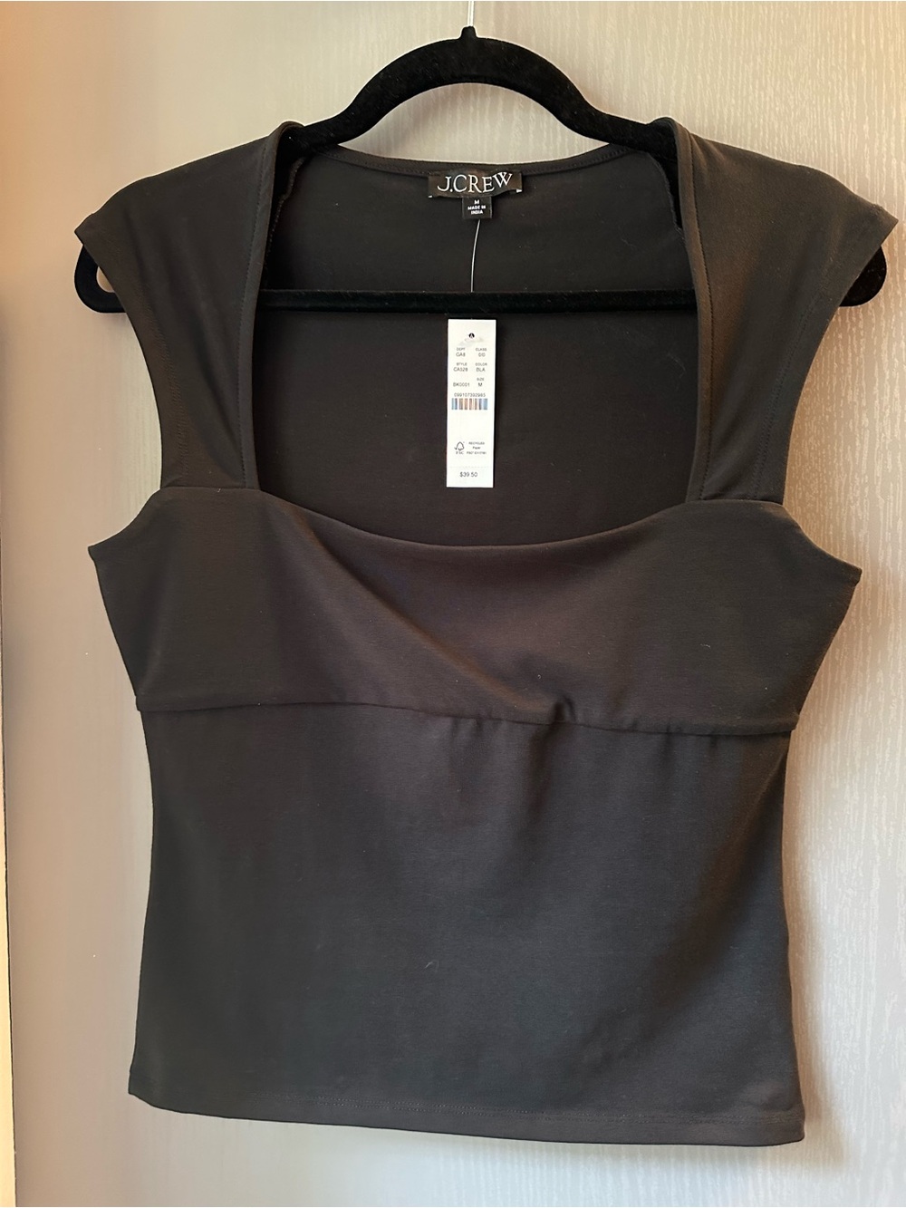 NWT, M, J. Crew Black Square-Neck Crop Top with Cap Sleeves
